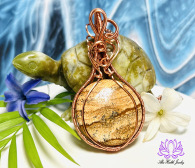 Handmade Picture Jasper Round Copper Wirework Pendant - Protection, Healing, Strength, Energy
