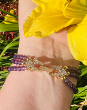 Load image into Gallery viewer, Amethyst Blossom Whisper - Elegant Triple Band 18kt Gold Bracelet