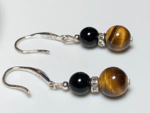 Tiger Eye with Black Onyx 925 Silver Hook Drop Earrings