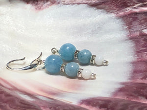 Aquamarine and White Beryl 925 Silver Drop Hook Earrings