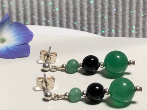 Green Aventurine and Black Onyx 925 Silver Stud Earrings