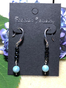 Aquamarine and Black Spinel 925 Sterling Silver Hook Earrings