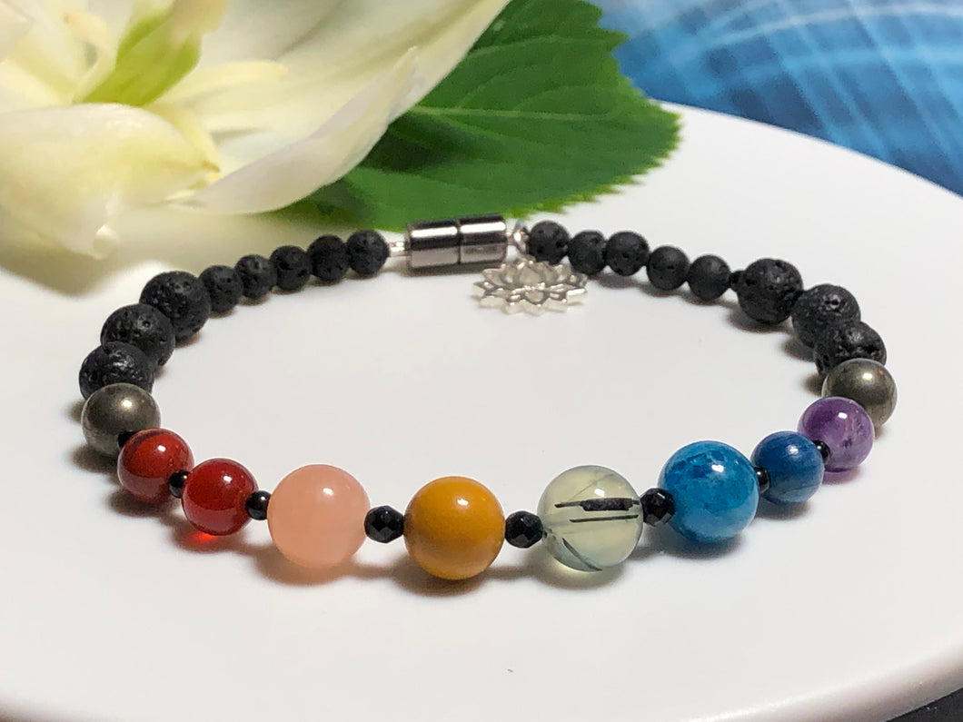 Advanced Chakra Bracelet with Magnetic Clasp and Silver Lotus Charm