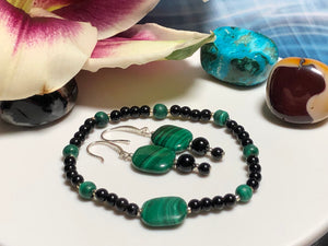 Malachite with Black Onyx and Black Agate 925 Silver Drop Earrings