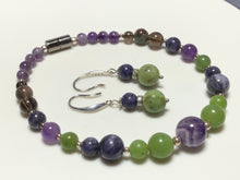 Load image into Gallery viewer, Nephrite Jade and Charoite 925 Silver Earrings