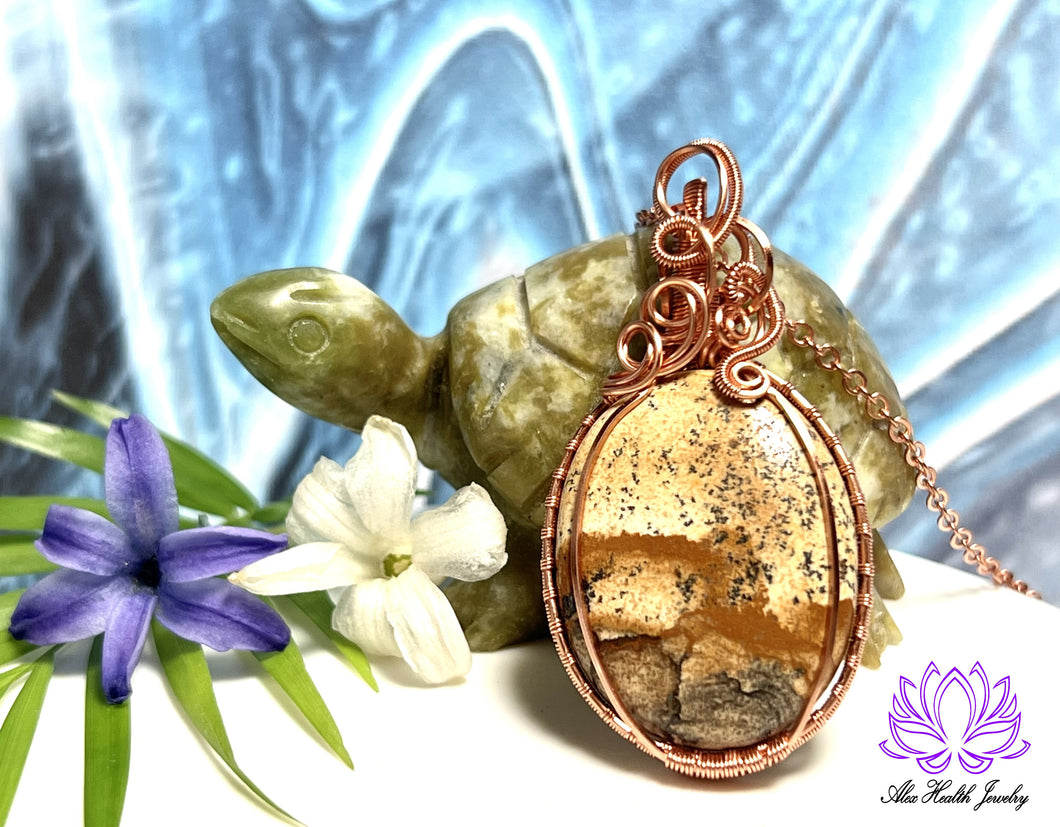 Handmade Picture Jasper Oval Copper Wirework Pendant - Protection, Healing, Strength, Energy