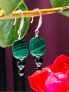 Malachite with Black Onyx and Black Agate 925 Silver Drop Earrings