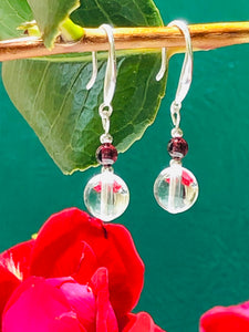 Red Garnet with Round Clear Quartz 925 Silver Hook Drop Earrings