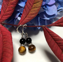 Load image into Gallery viewer, Tiger Eye with Black Onyx 925 Silver Hook Drop Earrings
